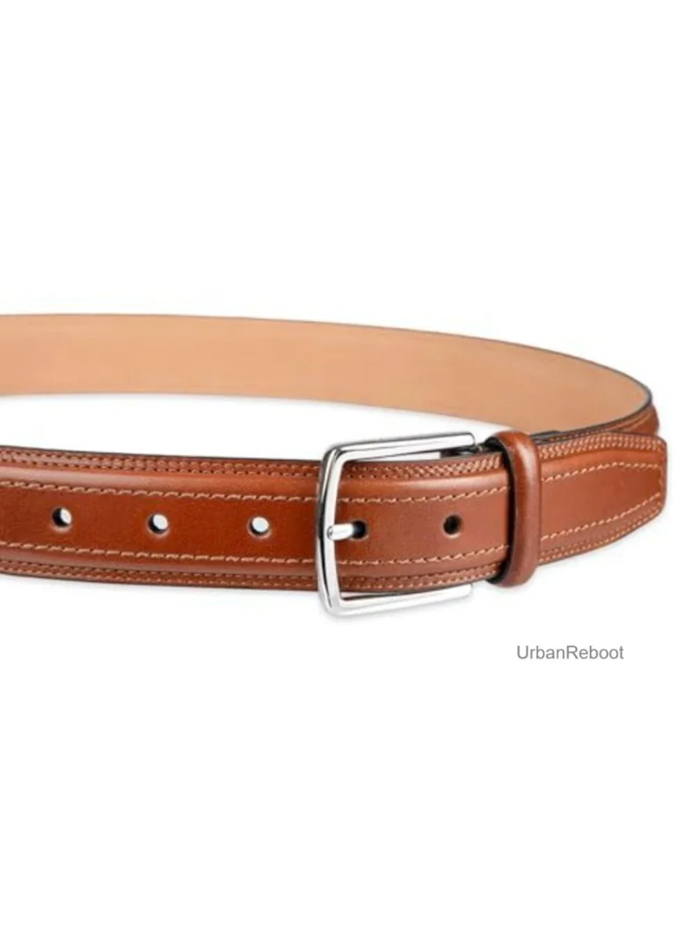 Genuine Leather Dress Belt Stitched Trim Silver Buckle